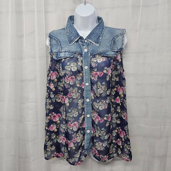 Papillon Blue Chambray Floral Sheer Tank Y2K Cottagecore Boho XL - Picture 1 of 12